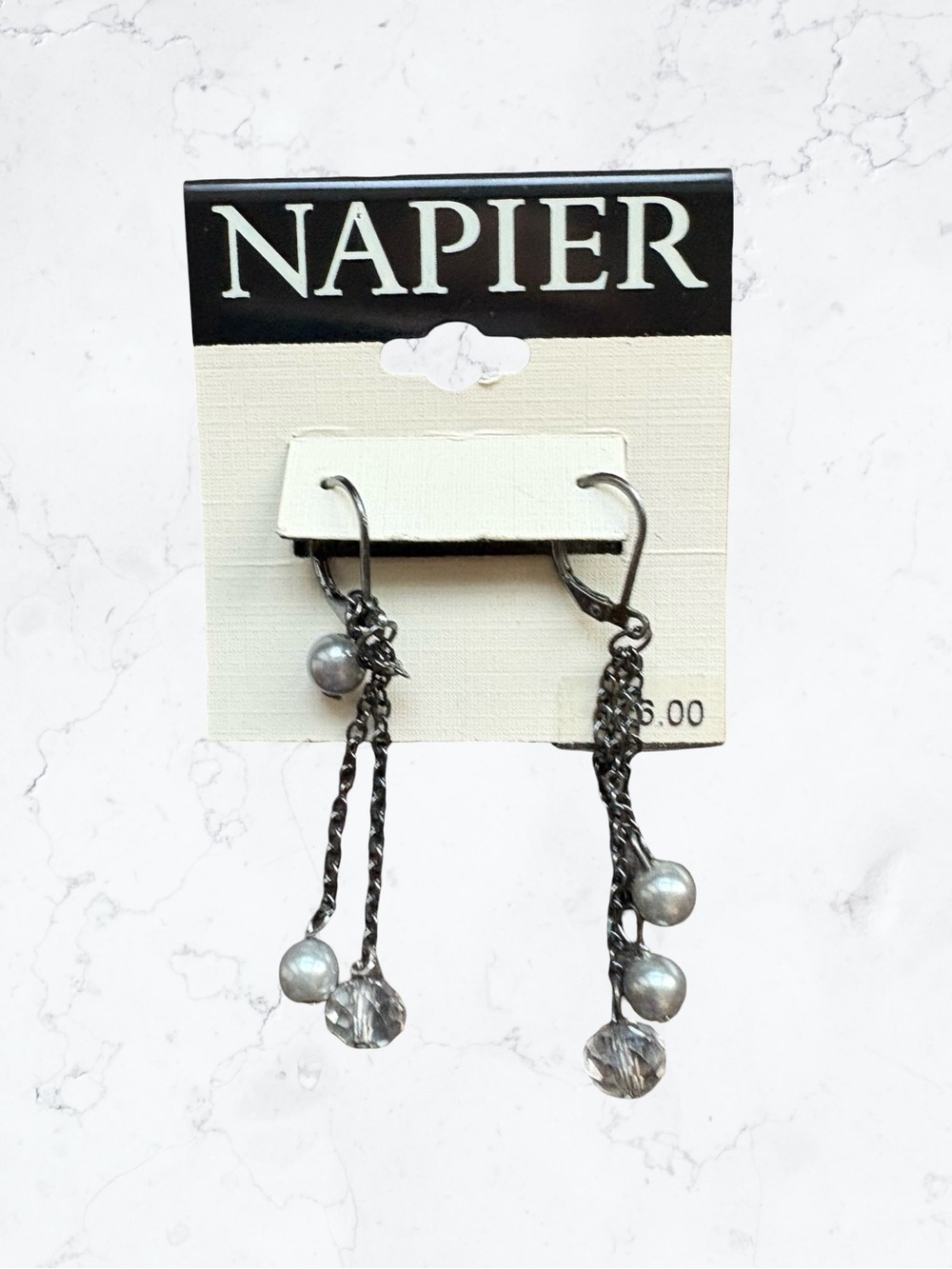 Napier Gunmetal Dangle Earrings with Silver-Gray Beads